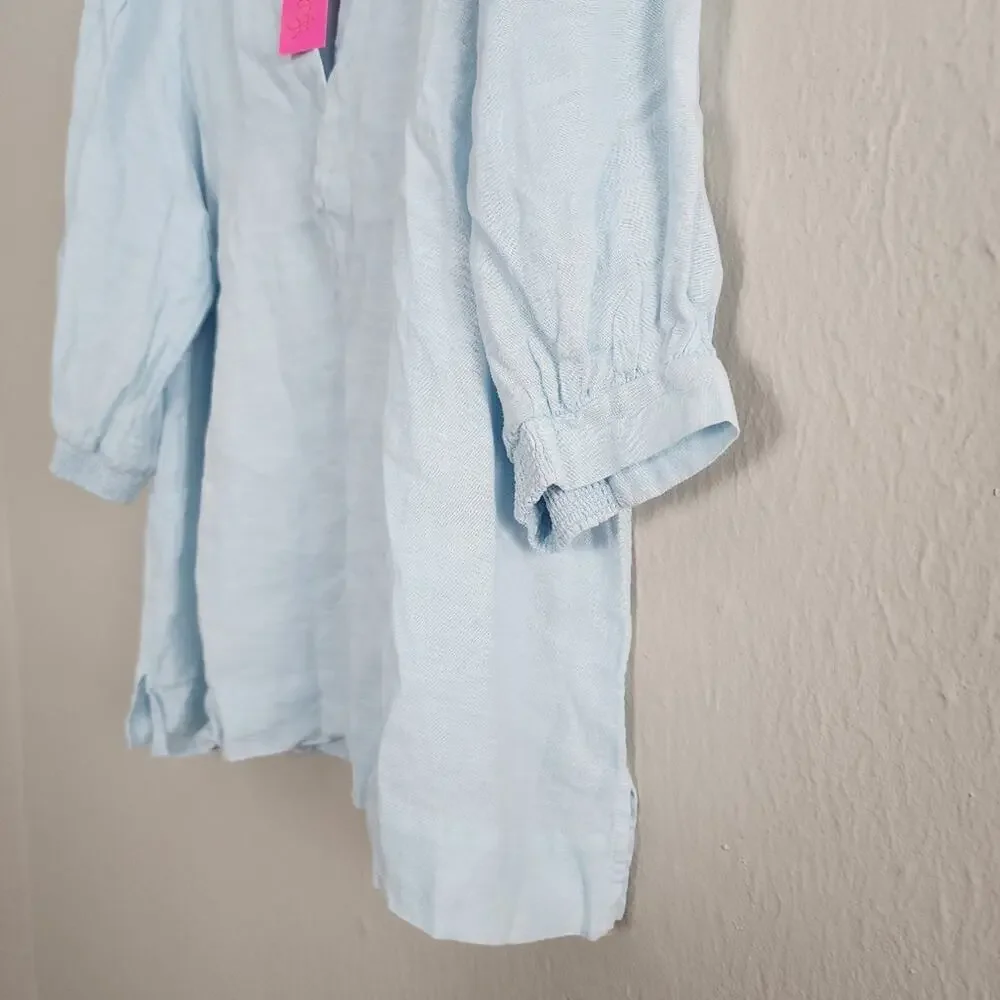 Lilly Pulitzer Mialeigh Blue Linen V-Neck Puff Sleeve Tunic Top NWT XL $138